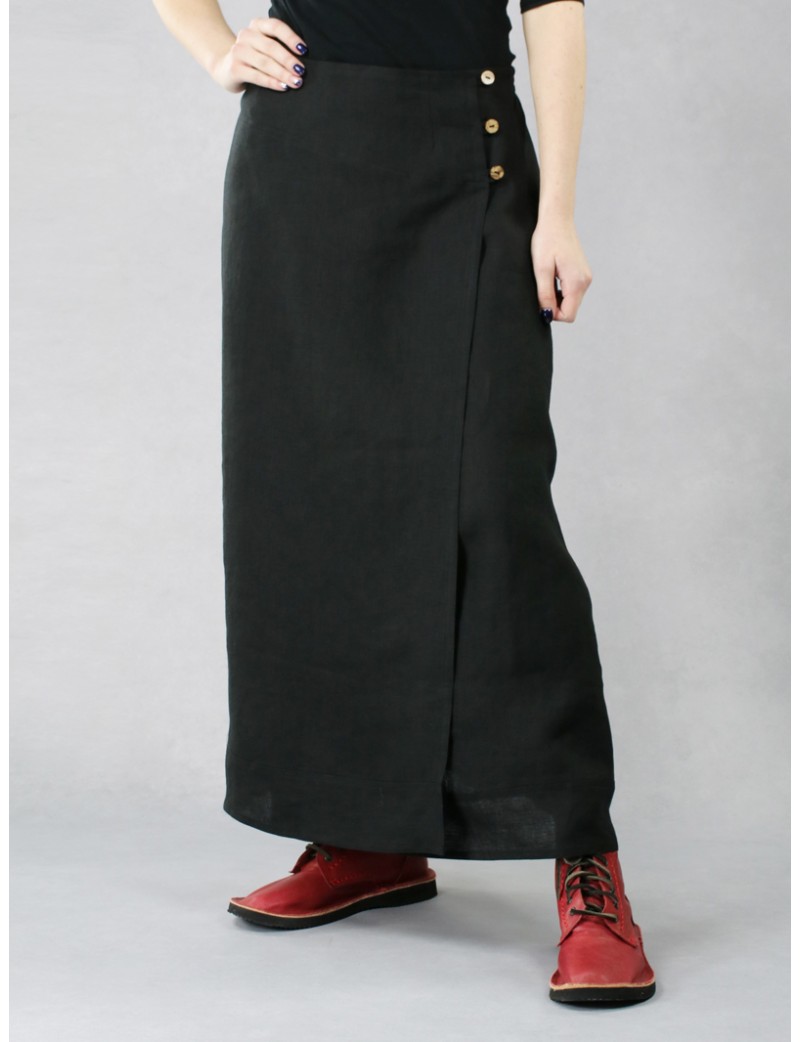 Long black linen wrap skirt