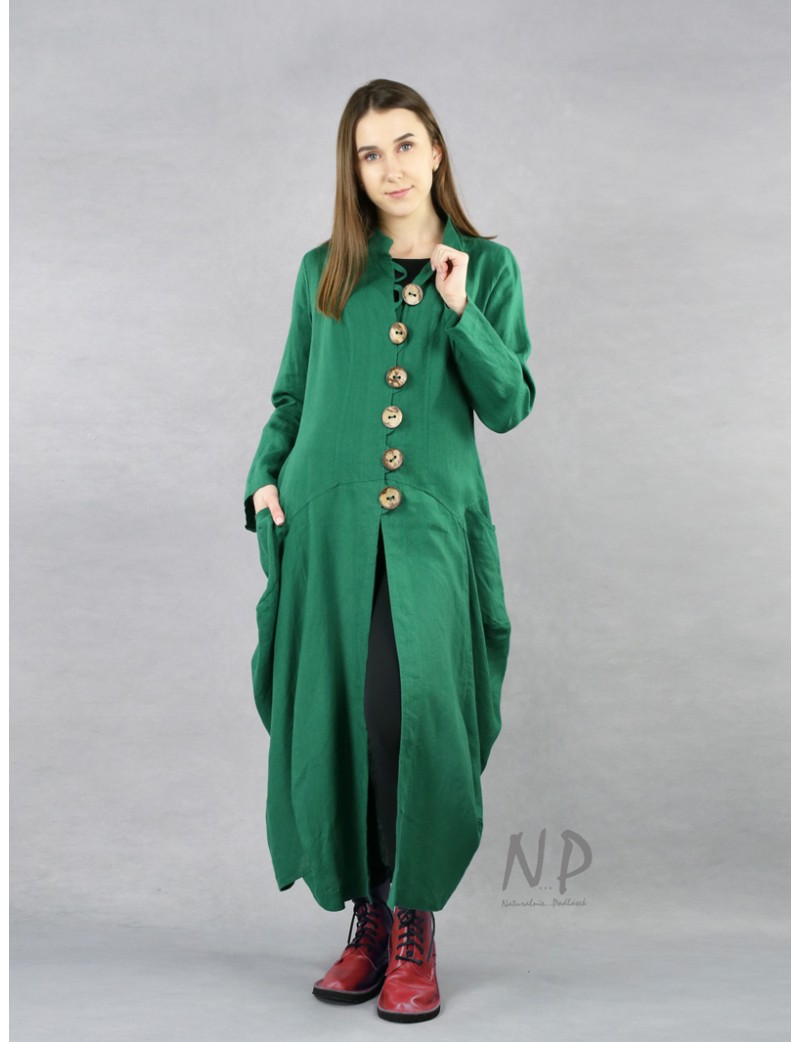 Green linen coat in an avant-garde style