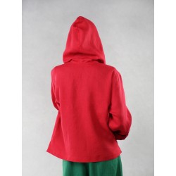 A button-up hoodie made of red linen.