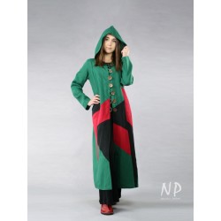 A long coat with a hood, made of colorful pieces of linen fabric.