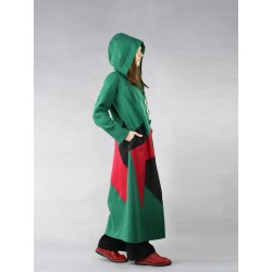 A long coat with a hood, made of colorful pieces of linen fabric.