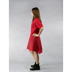 A short red dress with buttons, made of natural linen.
