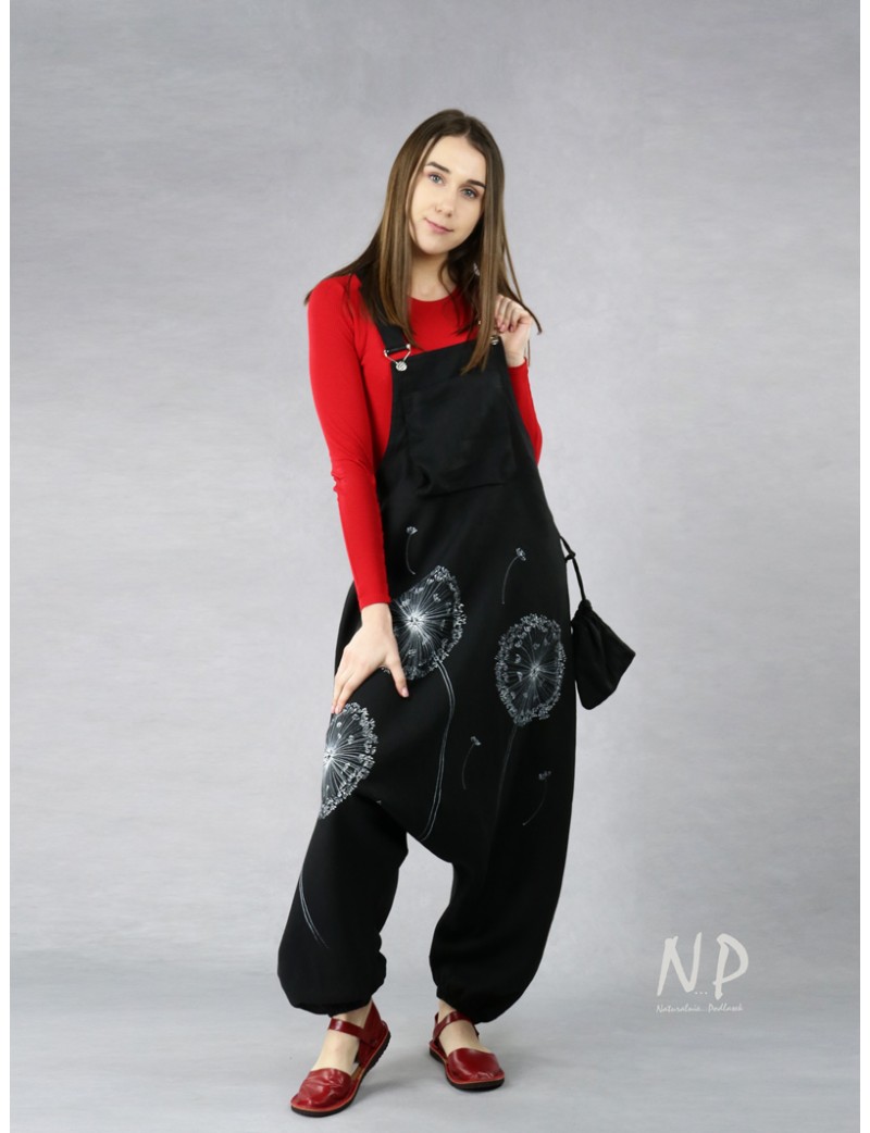 Black dungarees with a lowered crotch made of natural linen.