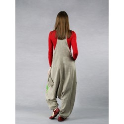 Hand-painted linen dungarees with lowered crotch in natural linen color