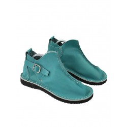 Turquoise Vagabond leather shoes, hand-sewn by Trek