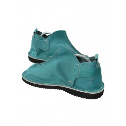 Turquoise Vagabond leather shoes, hand-sewn by Trek