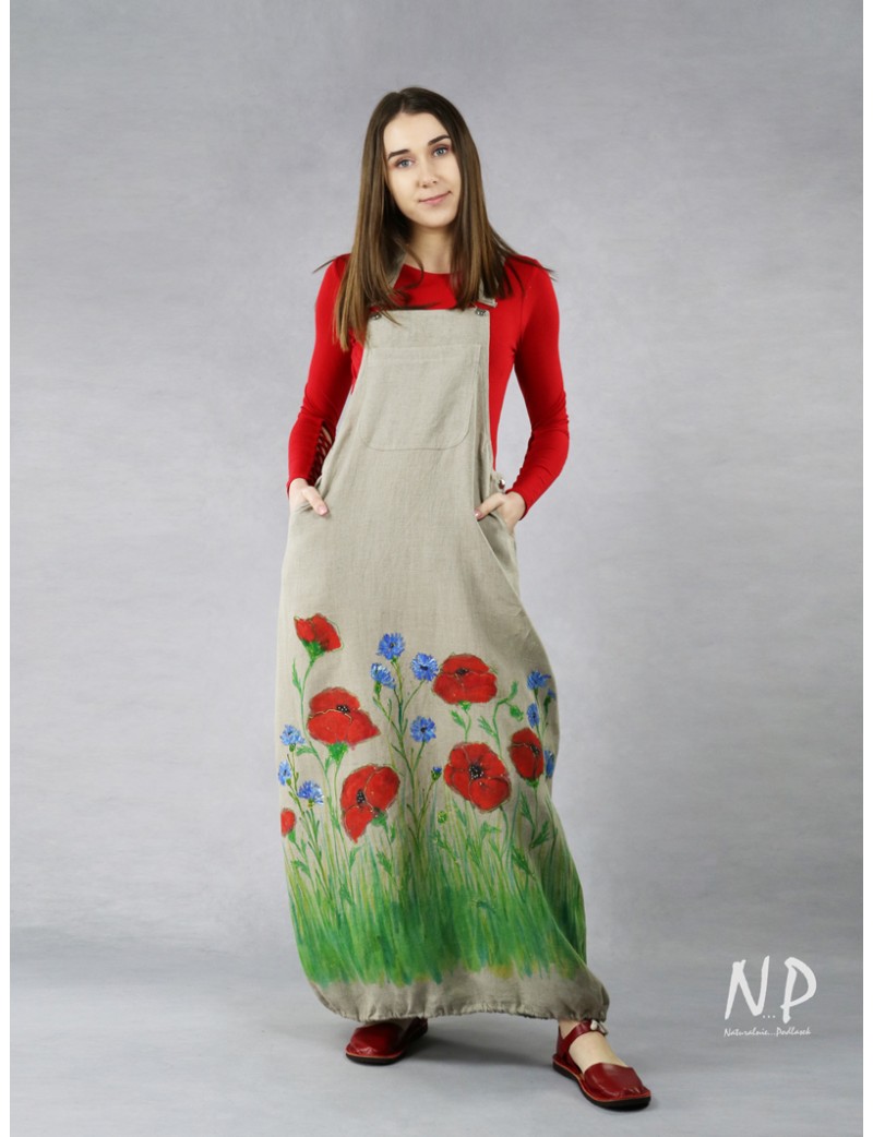 Linen gardener dress with hand-painted flowers.