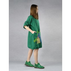 Zielona sukienka lniana oversize, ręcznie malowana.