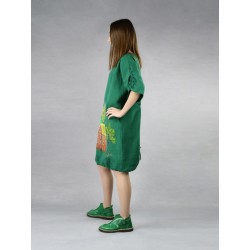 Zielona sukienka lniana oversize, ręcznie malowana.