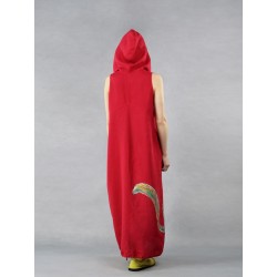 Ręcznie malowana czerwona sukienka lniana z kapturem