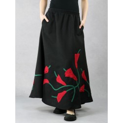 Long black linen skirt with sewn-on flowers
