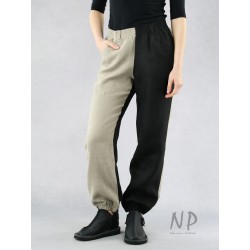 Two-color women's linen pants with a welt, finished with an elastic band