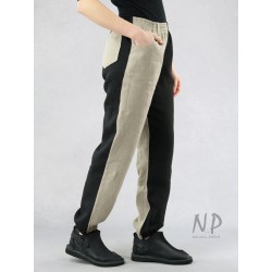 Dwukolorowe damskie spodnie lniane ze ściągaczem, wykończone paskiem na gumce