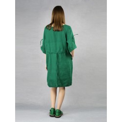 Green oversize linen dress, hand painted.
