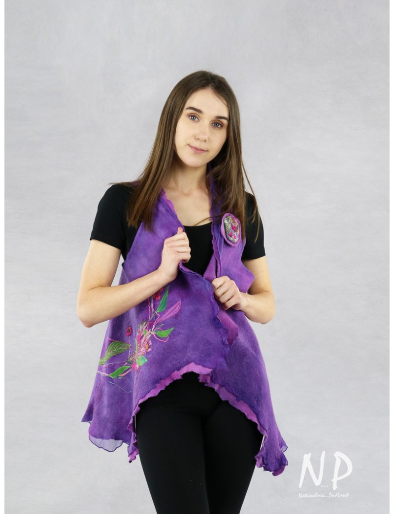 Handmade purple vest made of wool and silk, decorated with embroidery
