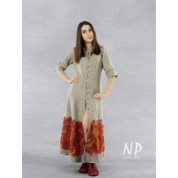 Hand-painted linen dress with elbow sleeves finished with a stand-up collar