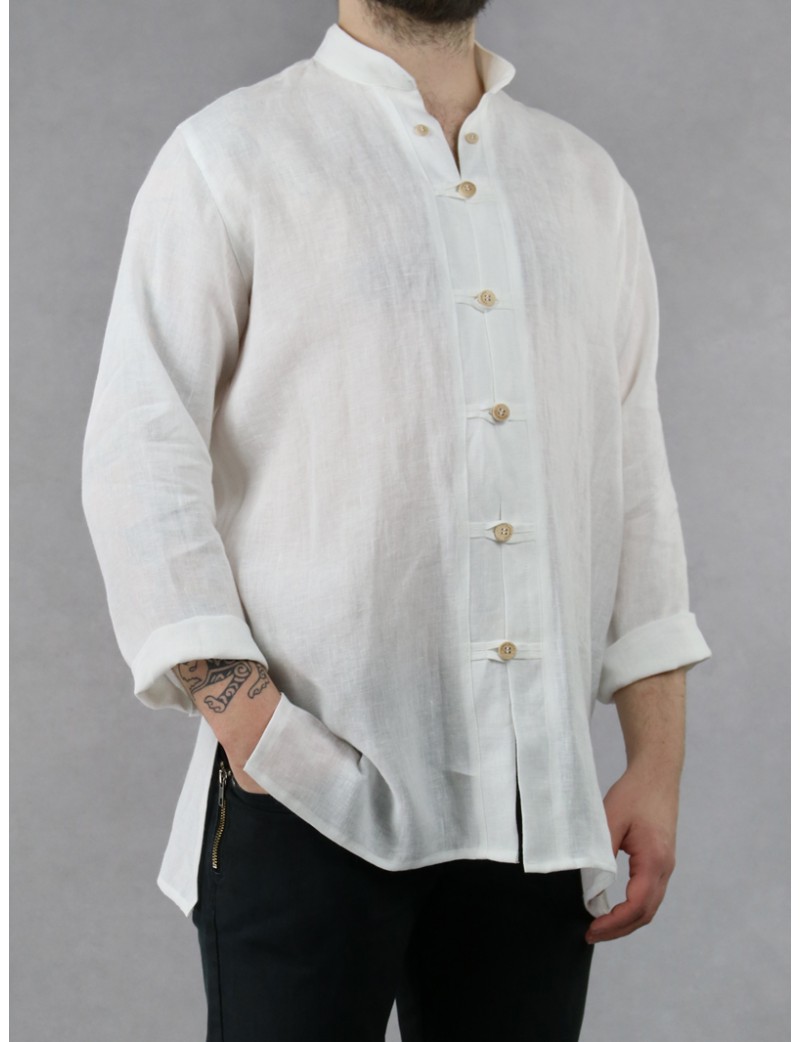 White linen shirt with a stand-up collar