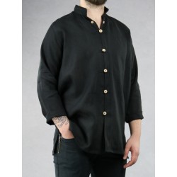 Men's black linen shirt with a stand-up collar