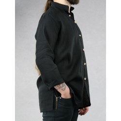 Men's black linen shirt with a stand-up collar