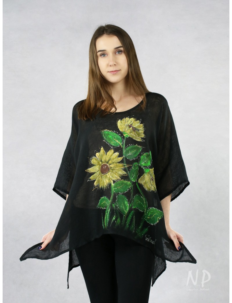 Black linen blouse, hand-painted with sunflowers