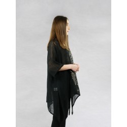 Hand-painted black linen blouse with elongated sides