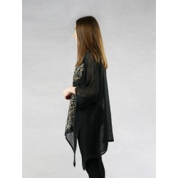 Hand-painted black linen blouse with elongated sides