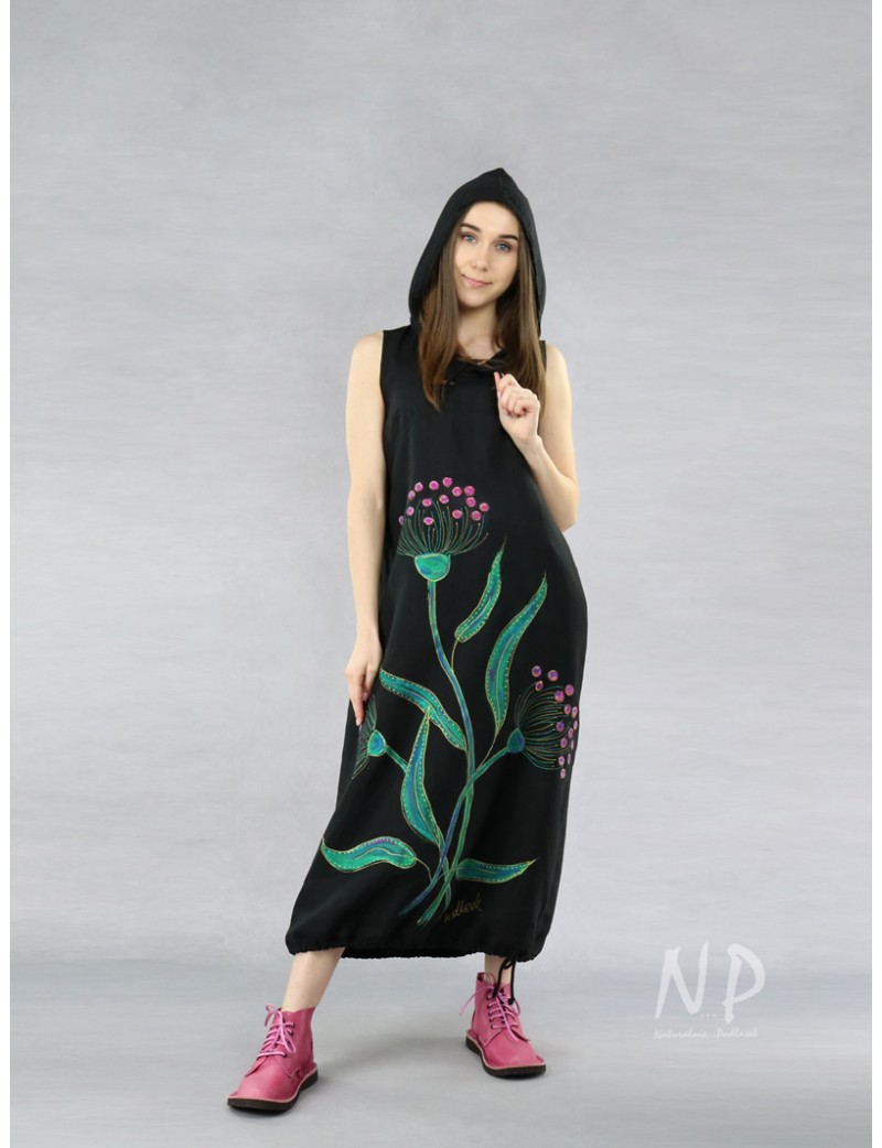Black linen dress with a hood, decorated with hand-painted flowers.