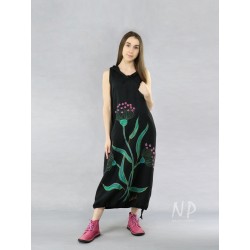 Black linen dress with a hood, decorated with hand-painted flowers.