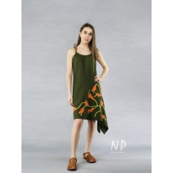 Asymmetrical dress with tied shoulder straps in olive color, decorated with hand-sewn flowers