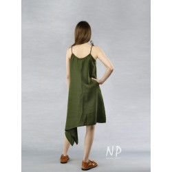 Asymmetrical dress with tied shoulder straps in olive color, decorated with hand-sewn flowers