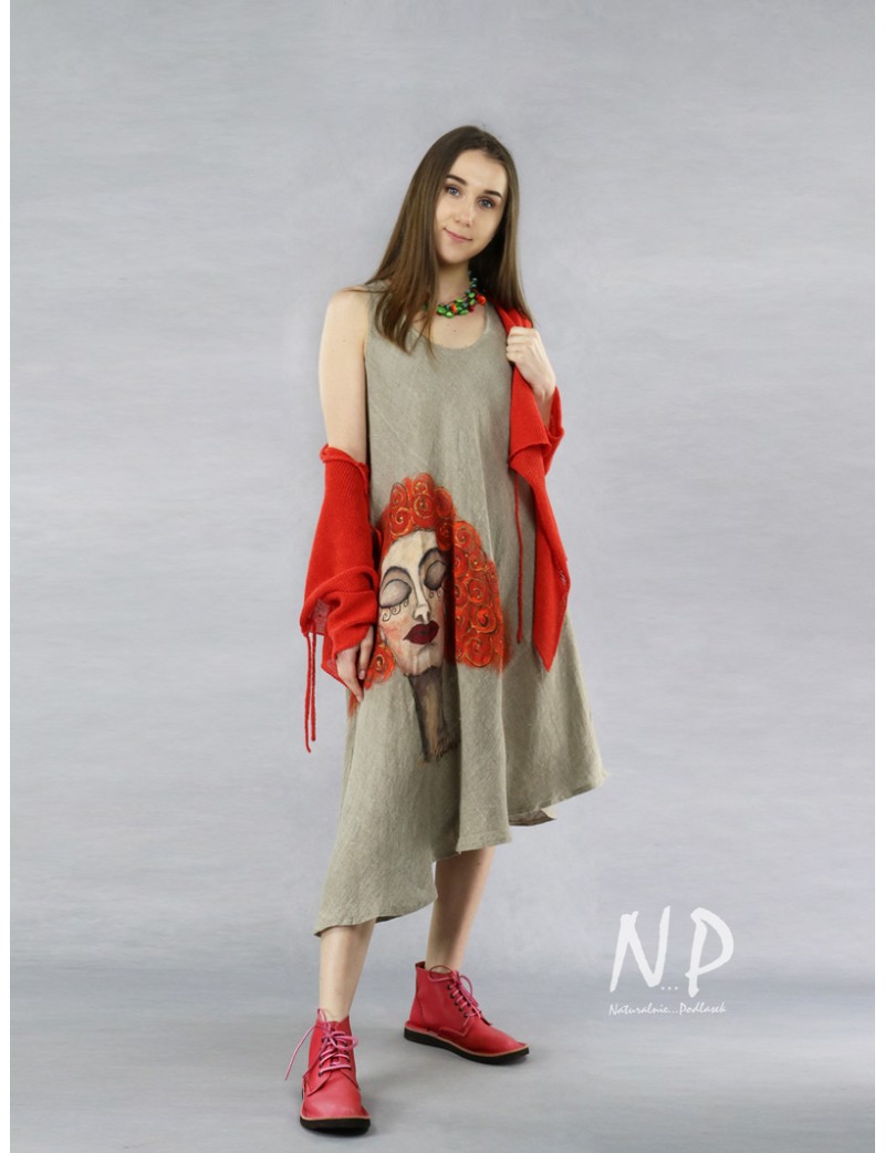 Asymmetrical linen dress with an elongated side, decorated with a hand-painted face