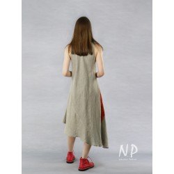 Asymmetrical linen dress with an elongated side, decorated with a hand-painted face