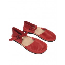 Red flat women's sandals, hand-sewn from natural leather