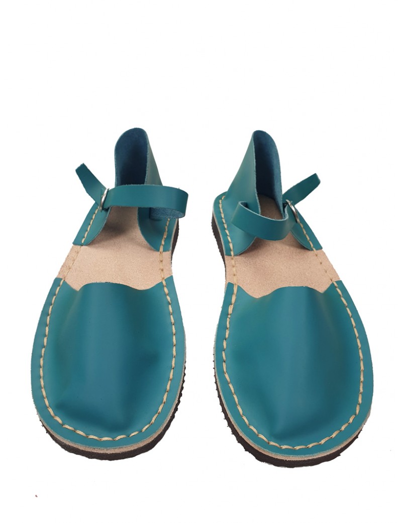 Women's turquoise flat sandals, hand-sewn from natural leather