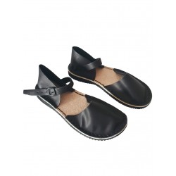 Black flat women's sandals, hand-sewn from natural leather