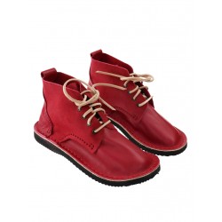 Hand-sewn higher leather shoes in red, laced with straps.