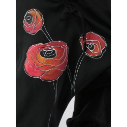 Black linen pants with a lowered crotch, painted with poppies, finished with an elastic band