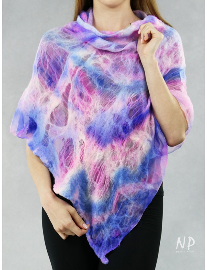 Hand-felted silk cape in the form of a poncho, perfect for a dress or a coat