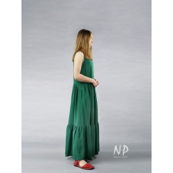 Green linen Boho maxi dress with straps, with a sewn-on frill