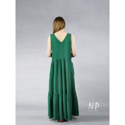 Zielona lniana sukienka Boho maxi na ramiączkach, z doszytą falbaną