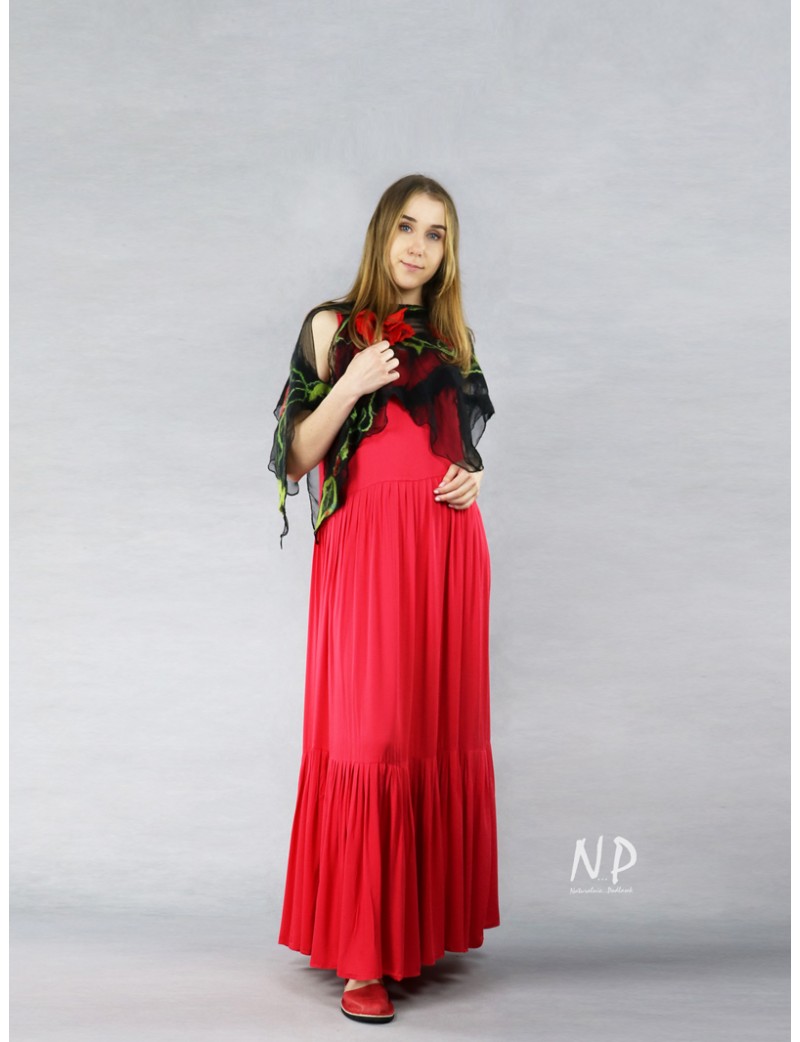 Czerwona długa sukienka Boho, uszyta z wiskozy i jedwabiu przez NP