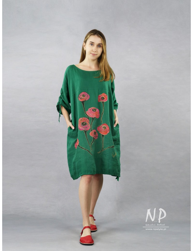 Ręcznie malowana, zielona lniana sukienka oversize NP