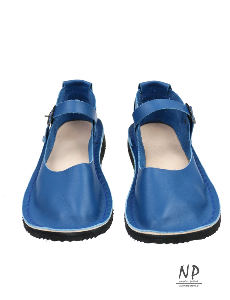 Niebieskie płaskie sandały skórzane, szyte ręcznie w polskiej pracowni Trek