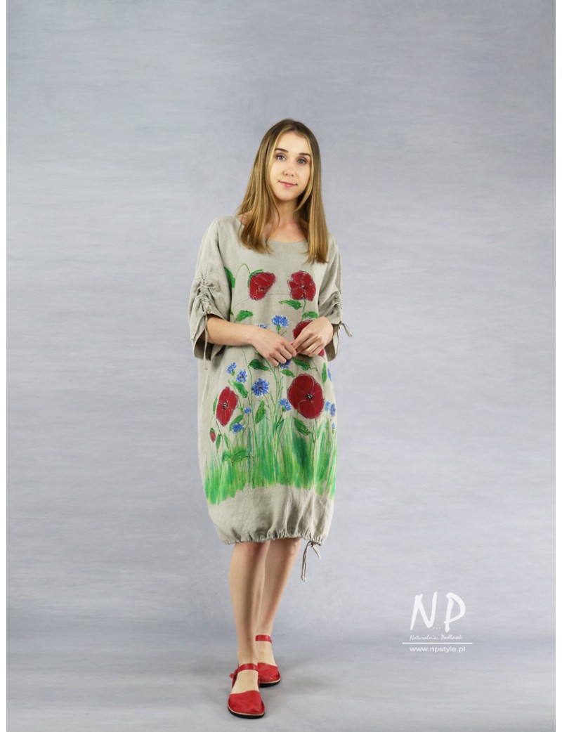 Ręcznie malowana, naturalna lniana sukienka oversize