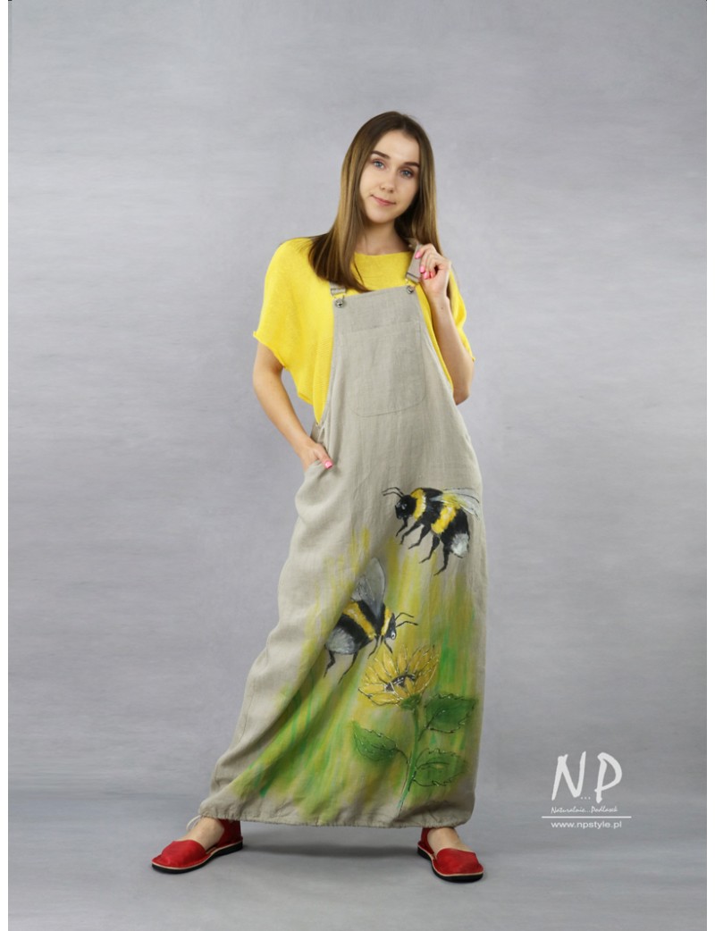 Long linen gardener dress, decorated with hand-painted bees