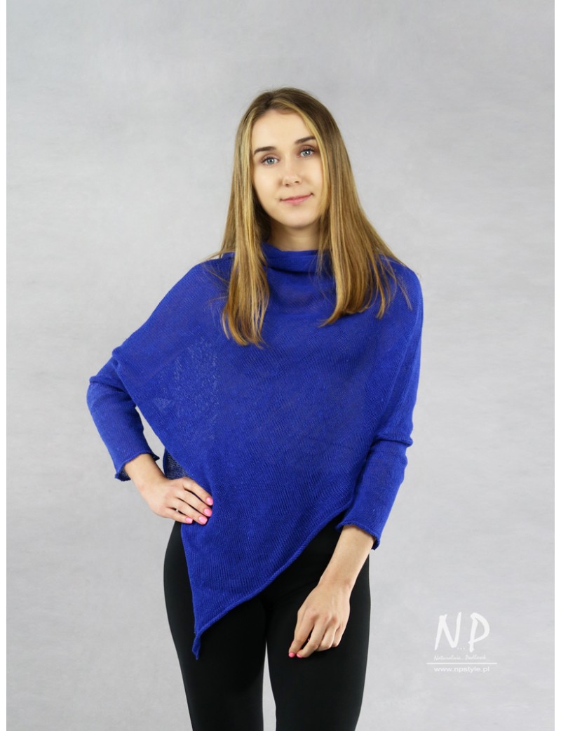 Blue poncho blouse with sleeves made of hand-made linen knit NP