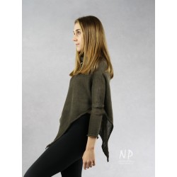Brown poncho blouse with sleeves made of hand-made linen knit NP