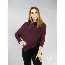 Eggplant poncho blouse with sleeves made of hand-made linen knit NP