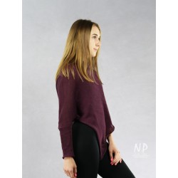 Eggplant poncho blouse with sleeves made of hand-made linen knit NP