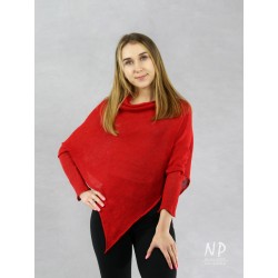 Czerwona bluzka ponczo z rękawami wykonana z ręcznie robionej dzianiny lnianej NP